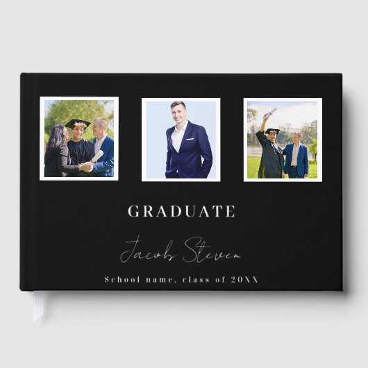 Noir argent nom script photo Graduation (Recto)