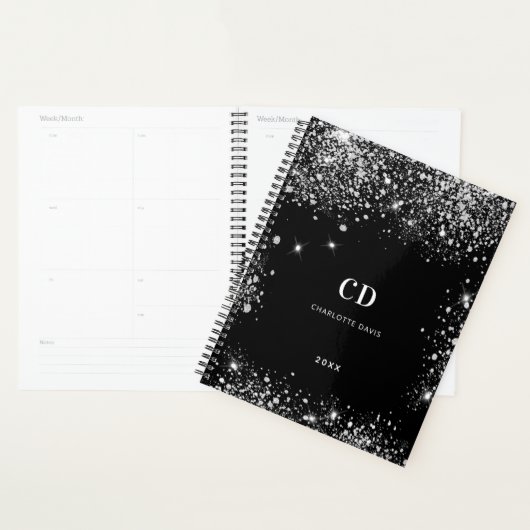 Noir argent parties scintillant initiales monogram (Devant avec enveloppe)