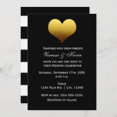 Noir avec blanc rayé Gold Heart Invitation (Devant / Derrière)
