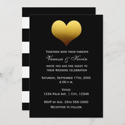 Noir avec blanc rayé Gold Heart Invitation (Devant / Derrière)