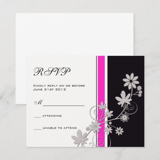 Noir avec chaud rose Fleur mariage RSVP (Devant / Derrière)