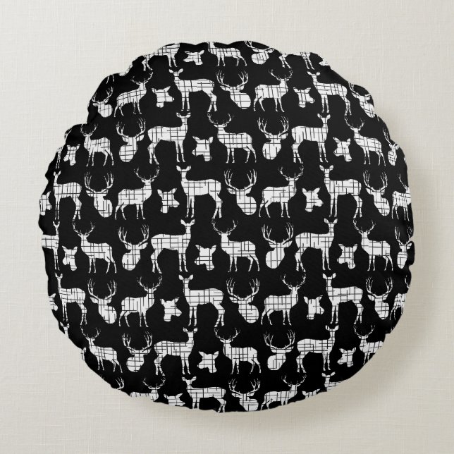 Noir avec Coussin rond de cerf blanc rustique (Devant)