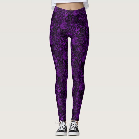 Noir avec dentelle fleurie violette Motif Leggings (Devant)