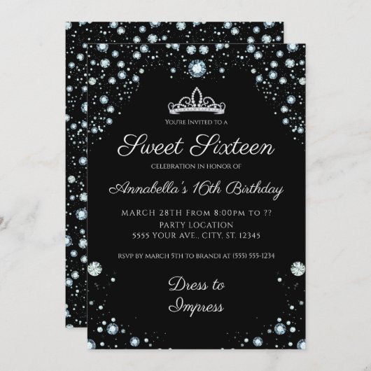 Noir avec diamants Invitations d'anniversaire (Devant / Derrière)