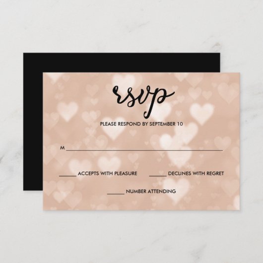Noir avec Faux Rose Gold Bokeh Hearts RSVP (Devant / Derrière)