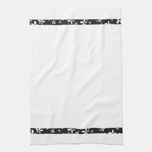 Noir avec Fleurs Blanches Bordure Tea Serviette de (Vertical)