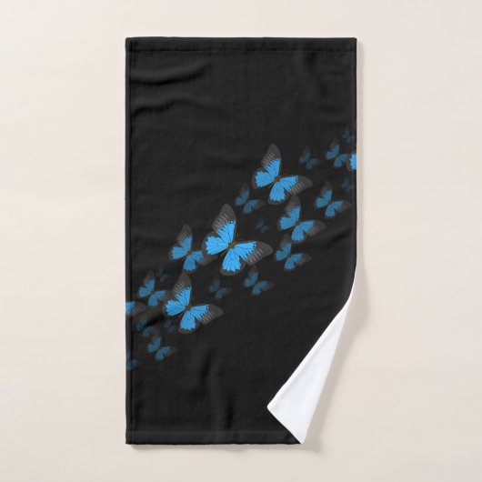 Noir avec papillons bleus (Serviette à main)
