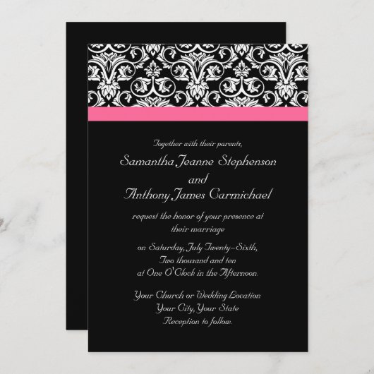 Noir avec Pink Passion Mariage Invitations (Devant / Derrière)