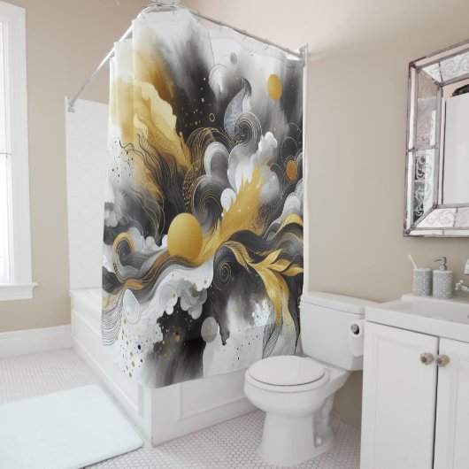 Noir avec rideau de douche Abstraite moderne or (En situation)