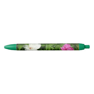 Noir Belle Peonies blanches et roses - Stylo d'encre de