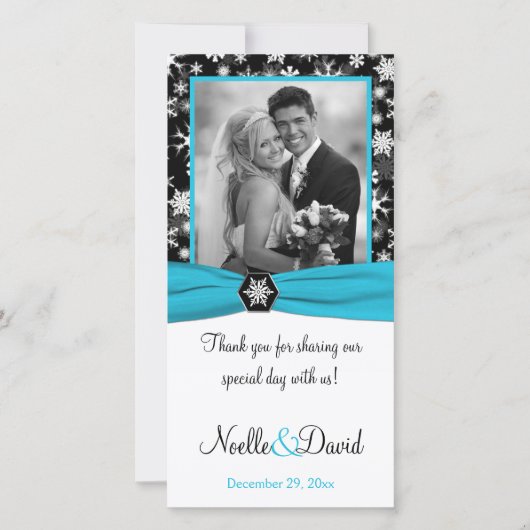 Noir, Blanc, Aqua Snowflakes Mariage Carte photo (Devant)