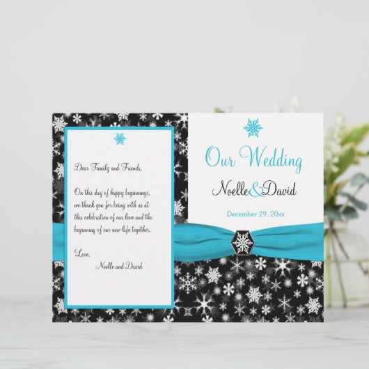 Noir, Blanc, Aqua Snowflakes Programme de mariage (Debout devant)