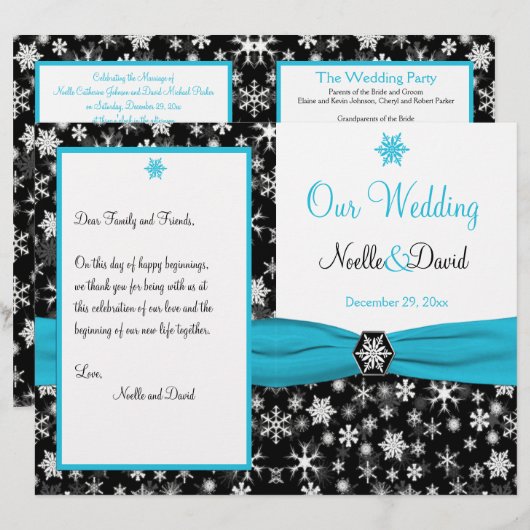 Noir, Blanc, Aqua Snowflakes Programme de mariage (Devant / Derrière)