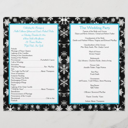 Noir, Blanc, Aqua Snowflakes Programme de mariage (Dos)