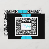 Noir, Blanc, Bleu Damas avec ruban FAUX RSVP (Devant / Derrière)