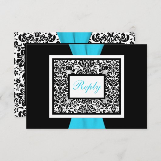Noir, Blanc, Bleu Damas avec ruban FAUX RSVP (Devant / Derrière)