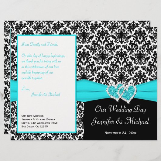 Noir Blanc Bleu Damas Coeurs Programme de mariage (Devant / Derrière)