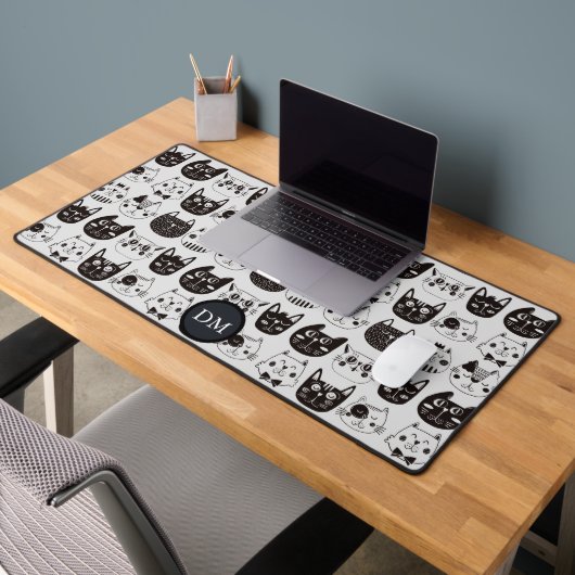 Noir Blanc Crazy Cat Face Monogramme (Bureau 2)