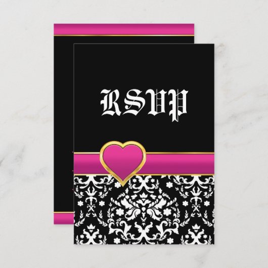 Noir blanc damas chaud coeur rose mariage RSVP (Devant / Derrière)