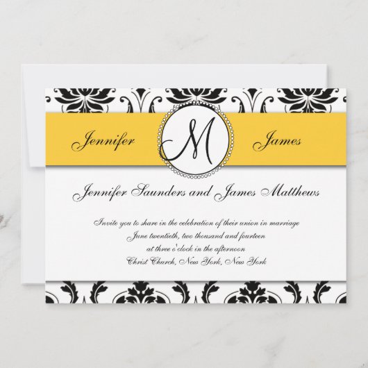 Noir blanc Damas Faire-part de mariage jaune (Dos)