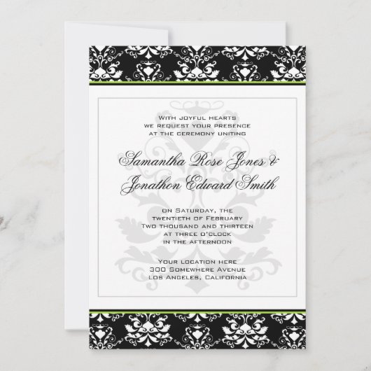 Noir & Blanc Damas Green Accent Wedding Invitation (Devant)