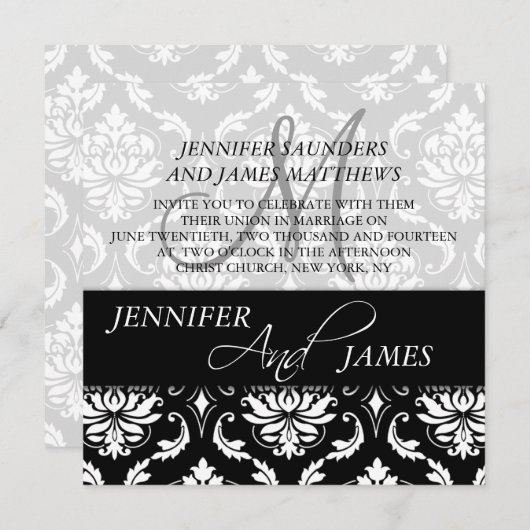 Noir Blanc Damas Monogramme Mariage Invitations (Devant / Derrière)