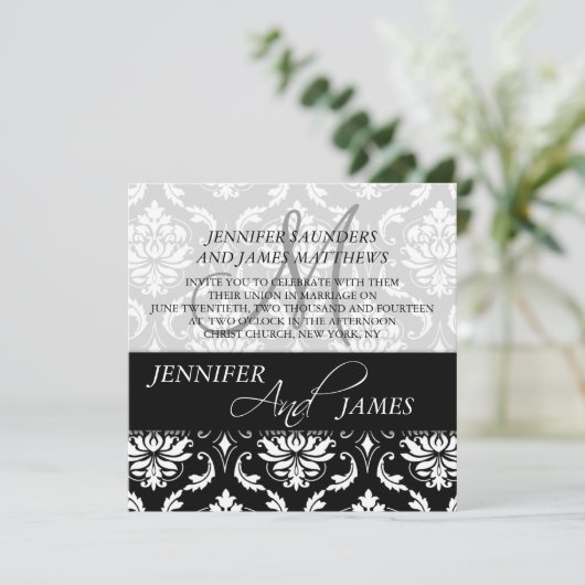 Noir Blanc Damas Monogramme Mariage Invitations (Debout devant)