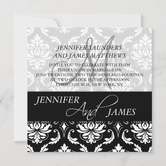 Noir Blanc Damas Monogramme Mariage Invitations (Devant)