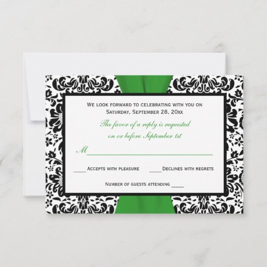 Noir blanc Damas vert IMPRIMÉ RIBBON RSVP (Dos)