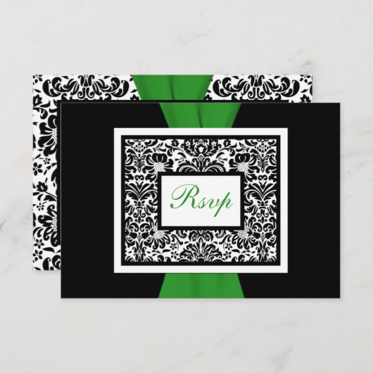 Noir blanc Damas vert IMPRIMÉ RIBBON RSVP (Devant / Derrière)