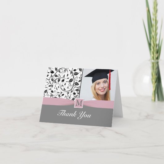 Noir blanc damask monogramme Carte photo de gradua (Devant)