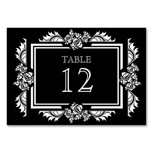Noir & Blanc Damask Roses Numéro de tableau Cartes (Devant)