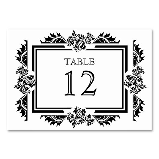 Noir & Blanc Damask Roses Numéro de tableau Cartes (Devant)