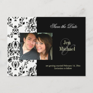 Noir + blanc Damask Save Date Carte postale photo,
