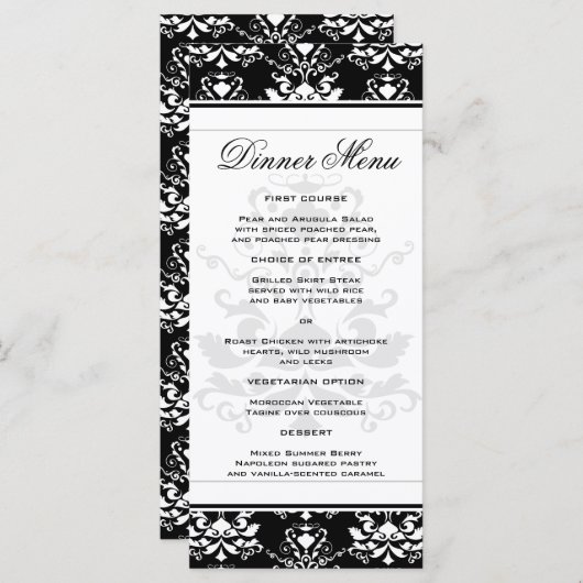 Noir & Blanc Damask Slim Dinner Menu (Devant / Derrière)