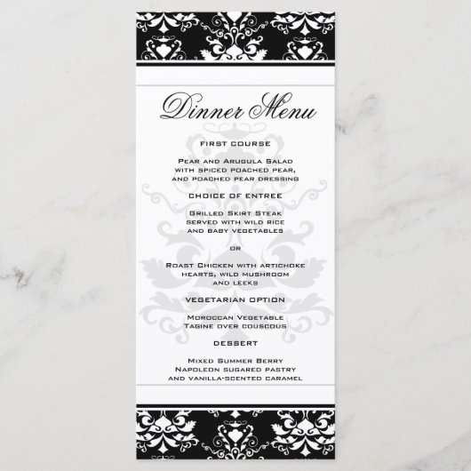 Noir & Blanc Damask Slim Dinner Menu (Devant)