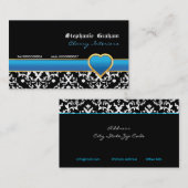 Noir blanc damassé bleu coeur carte de visite (Devant / Derrière)