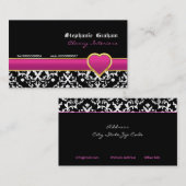 Noir blanc damassé chaud coeur rose carte de visit (Devant / Derrière)