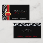 Noir blanc damassé rouge coeur carte de visite (Devant / Derrière)