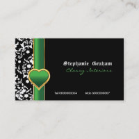 Noir blanc damassé vert coeur carte de visite