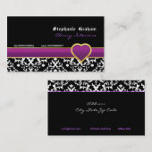 Noir blanc damassé violet coeur carte de visite (Devant / Derrière)