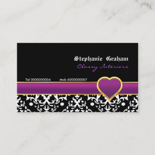 Noir blanc damassé violet coeur carte de visite (Devant)