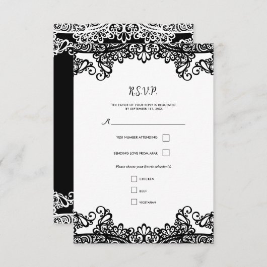 Noir & Blanc dentelle élégante Mariage RSVP (Devant / Derrière)