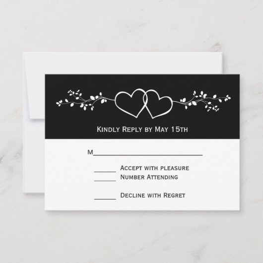 Noir Blanc Double Coeurs Mariage Cartes RSVP (Devant)