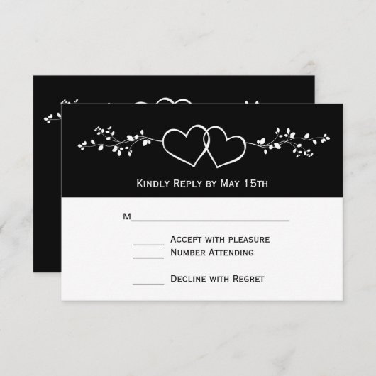 Noir Blanc Double Coeurs Mariage Cartes RSVP (Devant / Derrière)