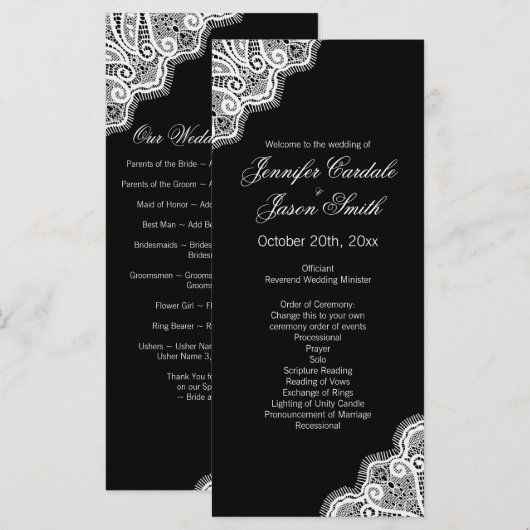 Noir Blanc Élégant Dentelle Programmes de mariage  (Devant / Derrière)