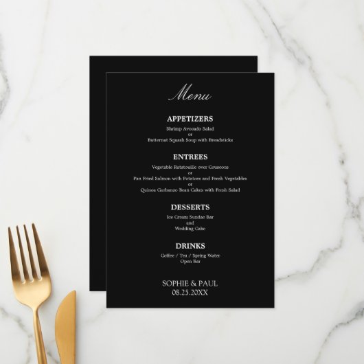 Noir Blanc élégant élégant Menu Mariage élégant (Devant/Arrière en situation)