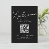 Noir Blanc Élégant Mariage QR Code carte de siège (Debout devant)
