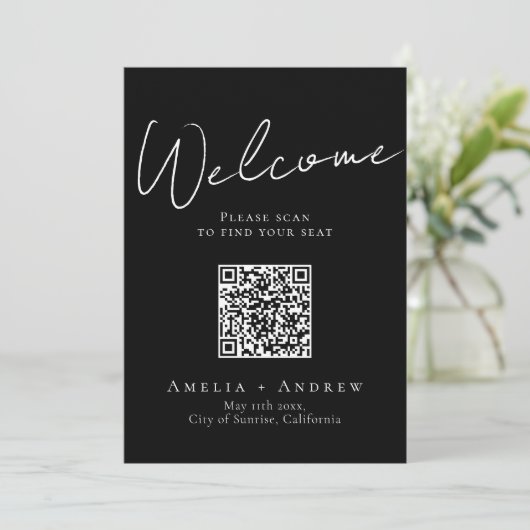Noir Blanc Élégant Mariage QR Code carte de siège (Debout devant)