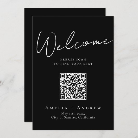 Noir Blanc Élégant Mariage QR Code carte de siège (Devant / Derrière)